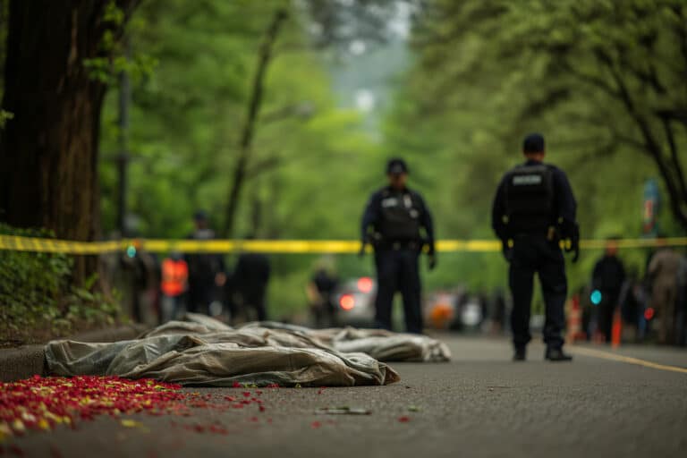 Crime Scene with Body Bags and Police Officers Securing Area in Forested Park
