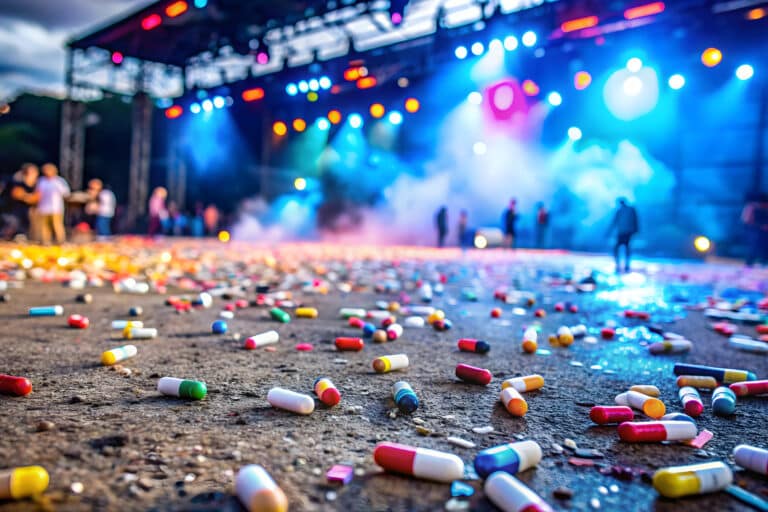 Close up of party drugs and pills scattered on the ground at a concert , drugs, party, pills, concert, nightlife
